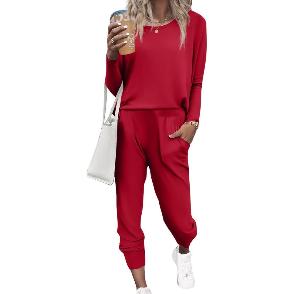 imageEkouaer Womens Pajama Sets Casual 2Pcs Sleepwear Long Sleeve Pullover Tops Long Joggers Pants with PocketsDeep Wine