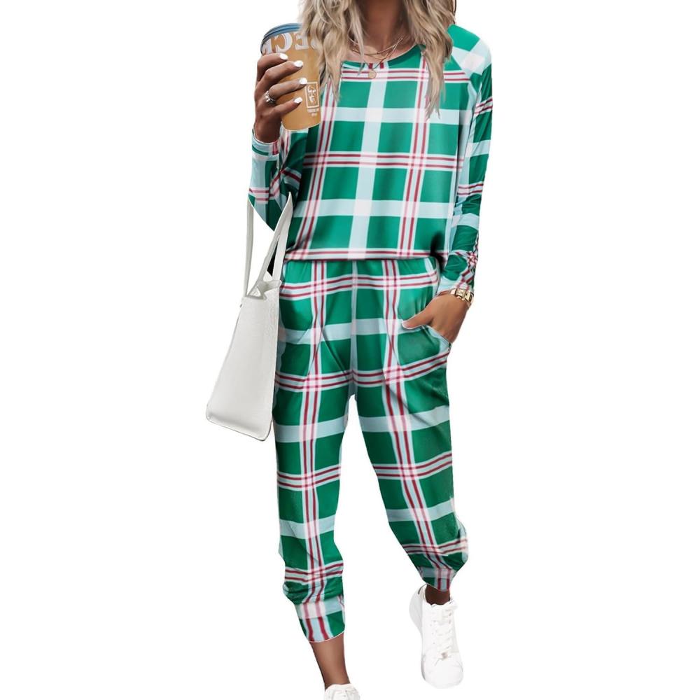 imageEkouaer Womens Pajama Sets Casual 2Pcs Sleepwear Long Sleeve Pullover Tops Long Joggers Pants with PocketsGreen Plaid