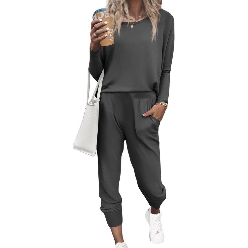 imageEkouaer Womens Pajama Sets Casual 2Pcs Sleepwear Long Sleeve Pullover Tops Long Joggers Pants with PocketsGrey