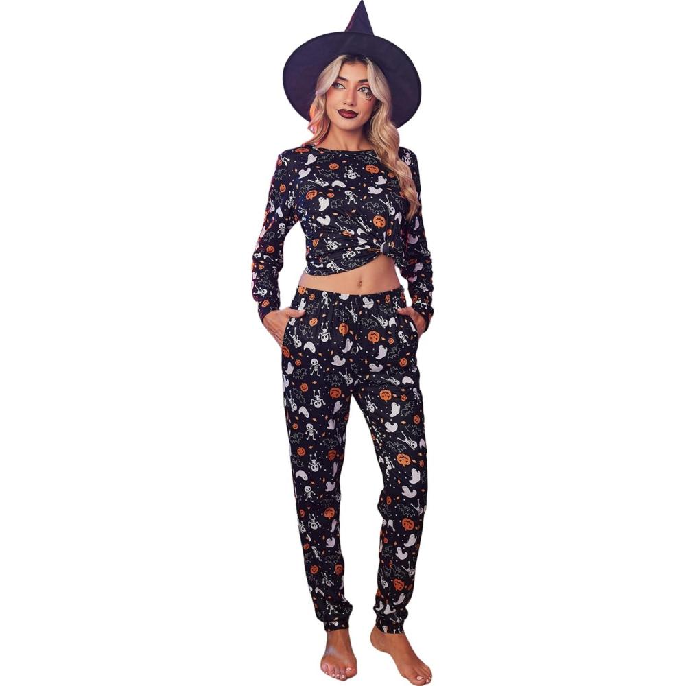 imageEkouaer Womens Pajama Sets Casual 2Pcs Sleepwear Long Sleeve Pullover Tops Long Joggers Pants with PocketsHalloween Ghosts Print