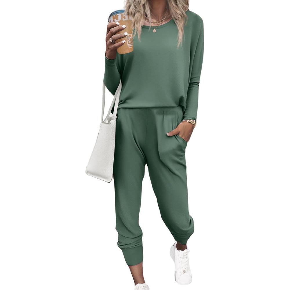 imageEkouaer Womens Pajama Sets Casual 2Pcs Sleepwear Long Sleeve Pullover Tops Long Joggers Pants with PocketsPure Green