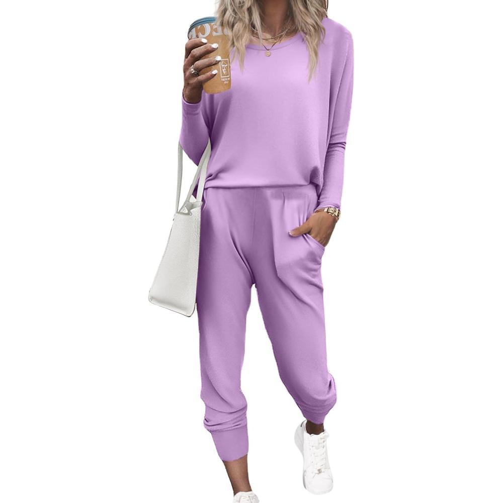 imageEkouaer Womens Pajama Sets Casual 2Pcs Sleepwear Long Sleeve Pullover Tops Long Joggers Pants with PocketsPurple