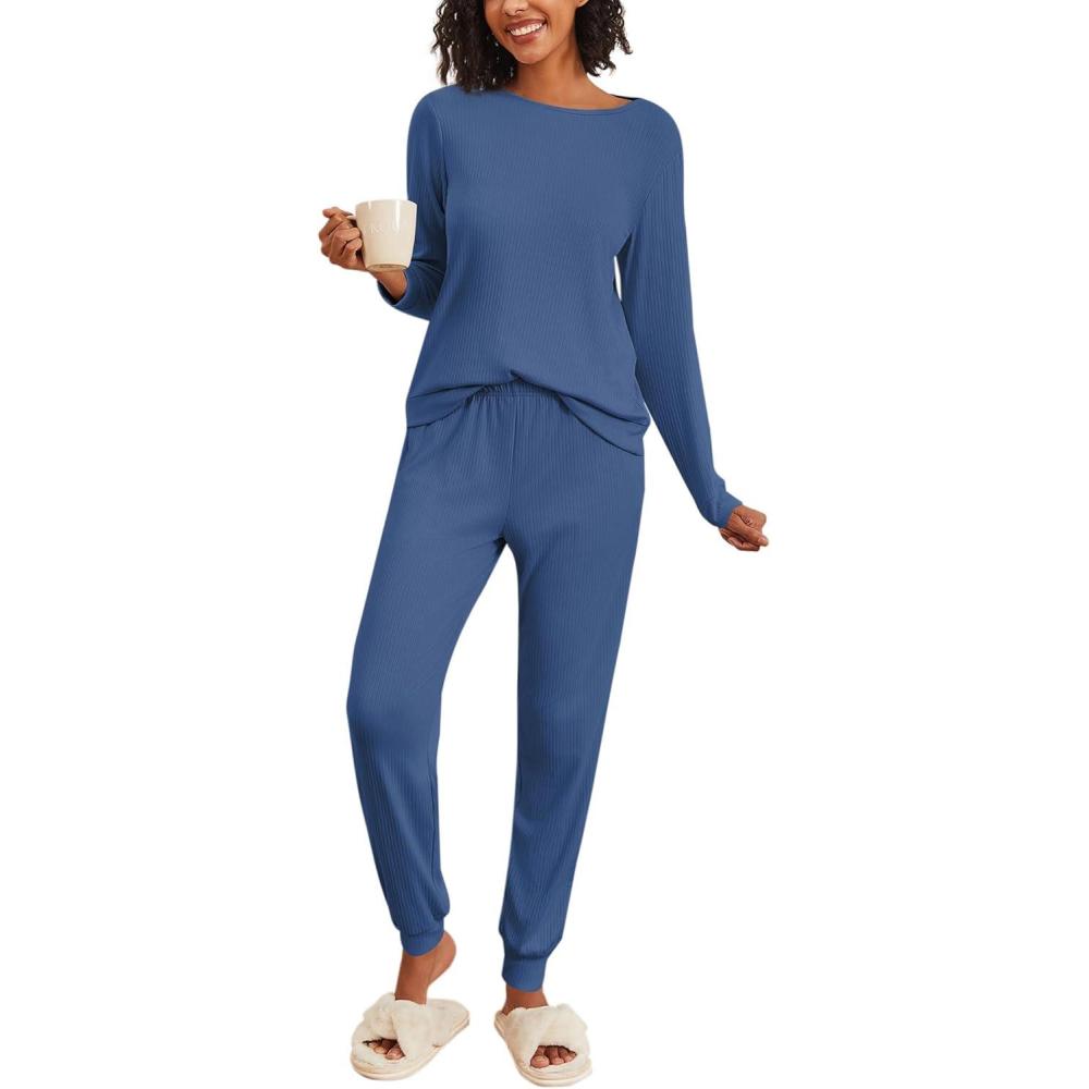 imageEkouaer Womens Pajama Sets Casual 2Pcs Sleepwear Long Sleeve Pullover Tops Long Joggers Pants with PocketsRibnavy Blue