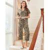 Ekouaer Capri Pajamas for Women Short Sleeve Button Down Sleepwear Comfy Lounge Set 2-Piece Pants Pjs(Brown Black)