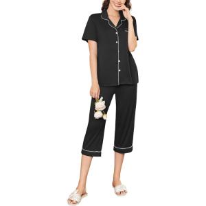 Ekouaer Capri Pajamas for Women Short Sleeve Button Down Sleepwear Comfy Lounge Set 2-Piece Pants Pjs(Black)