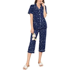 Ekouaer Capri Pajamas for Women Short Sleeve Button Down Sleepwear Comfy Lounge Set 2-Piece Pants Pjs(Dark Blue White)