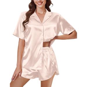 Ekouaer Silk Pajama Sets Womens Short Sleeve Sleepwear Satin 2 Piece Button Down Loungewear Pjs Shorts Set S-XXL(Champagne)
