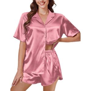 Ekouaer Silk Pajama Sets Womens Short Sleeve Sleepwear Satin 2 Piece Button Down Loungewear Pjs Shorts Set S-XXL(Purple Red)