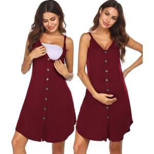 Ekouaer Women 3 in 1 Labor and Delivery/Maternity/Nursing Nightgown Button Down Sleeveless Pregnancy Dress for Breastfeeding(Wine Red)