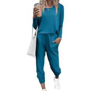 Ekouaer Women’s Pajama Sets Casual 2Pcs Sleepwear Long Sleeve Pullover Tops Long Joggers Pants with Pockets(Aquamarine Blue)