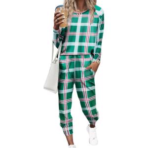 Ekouaer Women’s Pajama Sets Casual 2Pcs Sleepwear Long Sleeve Pullover Tops Long Joggers Pants with Pockets(Green Plaid)