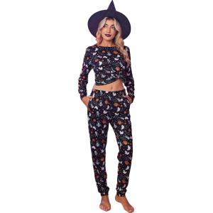 Ekouaer Women’s Pajama Sets Casual 2Pcs Sleepwear Long Sleeve Pullover Tops Long Joggers Pants with Pockets(Halloween Ghosts Print)