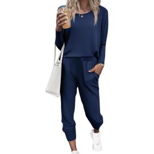 Ekouaer Women’s Pajama Sets Casual 2Pcs Sleepwear Long Sleeve Pullover Tops Long Joggers Pants with Pockets(Navy Blue)