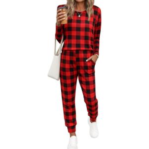 Ekouaer Women’s Pajama Sets Casual 2Pcs Sleepwear Long Sleeve Pullover Tops Long Joggers Pants with Pockets(Red and Black Plaid)