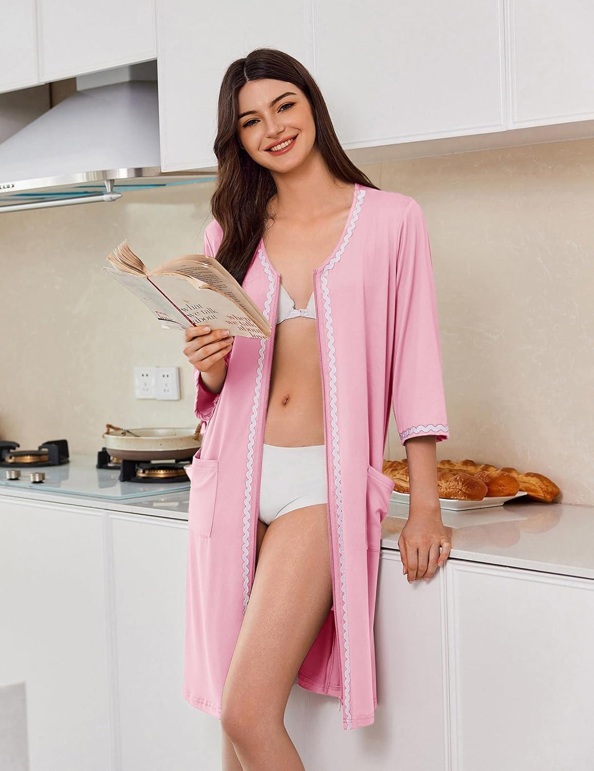 imageEkouaer Women Zipper Robes 34 Sleeves Lightweight Bathrobe Zip Up House Coat Soft Sleepwear with Pockets