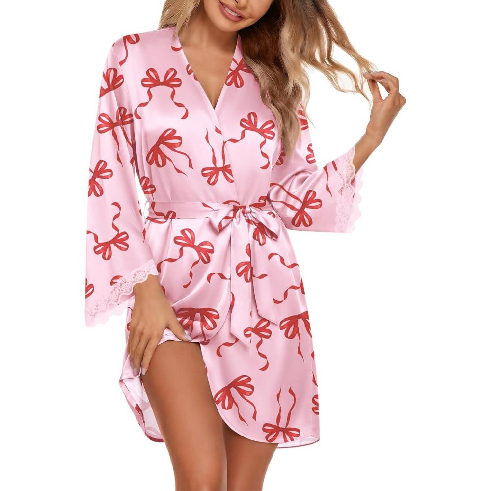 imageEkouaer Silk Robe for Women Short Satin Robe 34 Sleeves Lace Trim Kimono Bathrobe Sexy Bride Bridsmaid Sleepwear with PocketPink Bow