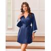 Ekouaer Silk Robe for Women Short Satin Robe 3/4 Sleeves Lace Trim Kimono Bathrobe Sexy Bride Bridsmaid Sleepwear with Pocket(Navy Blue)