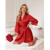 Ekouaer Silk Robe for Women Short Satin Robe 3/4 Sleeves Lace Trim Kimono Bathrobe Sexy Bride Bridsmaid Sleepwear with Pocket(Red)