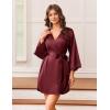 Ekouaer Silk Robe for Women Short Satin Robe 3/4 Sleeves Lace Trim Kimono Bathrobe Sexy Bride Bridsmaid Sleepwear with Pocket(Wine Red)