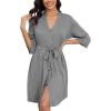 Ekouaer Robes for Women Ribbed Knit Bathrobe Soft Knee Length Kimono Robe 3/4 Sleeve Sleepwear with Pockets S-XXL(Dark Gray)