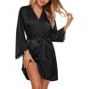 Ekouaer Silk Robe for Women Short Satin Robe 3/4 Sleeves Lace Trim Kimono Bathrobe Sexy Bride Bridsmaid Sleepwear with Pocket(Black)
