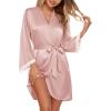 Ekouaer Silk Robe for Women Short Satin Robe 3/4 Sleeves Lace Trim Kimono Bathrobe Sexy Bride Bridsmaid Sleepwear with Pocket(Dusty Pink)