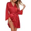 Ekouaer Silk Robe for Women Short Satin Robe 3/4 Sleeves Lace Trim Kimono Bathrobe Sexy Bride Bridsmaid Sleepwear with Pocket(Red)
