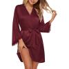 Ekouaer Silk Robe for Women Short Satin Robe 3/4 Sleeves Lace Trim Kimono Bathrobe Sexy Bride Bridsmaid Sleepwear with Pocket(Wine Red)