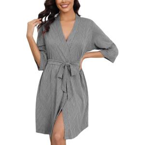 Ekouaer Robes for Women Ribbed Knit Bathrobe Soft Knee Length Kimono Robe 3/4 Sleeve Sleepwear with Pockets S-XXL(Dark Gray)