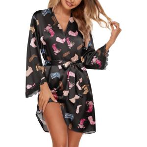 Ekouaer Silk Robe for Women Short Satin Robe 3/4 Sleeves Lace Trim Kimono Bathrobe Sexy Bride Bridsmaid Sleepwear with Pocket(Black Boots)