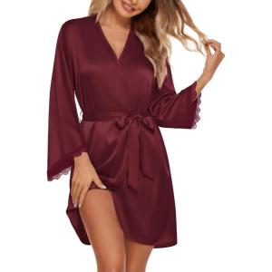 Ekouaer Silk Robe for Women Short Satin Robe 3/4 Sleeves Lace Trim Kimono Bathrobe Sexy Bride Bridsmaid Sleepwear with Pocket(Wine Red)