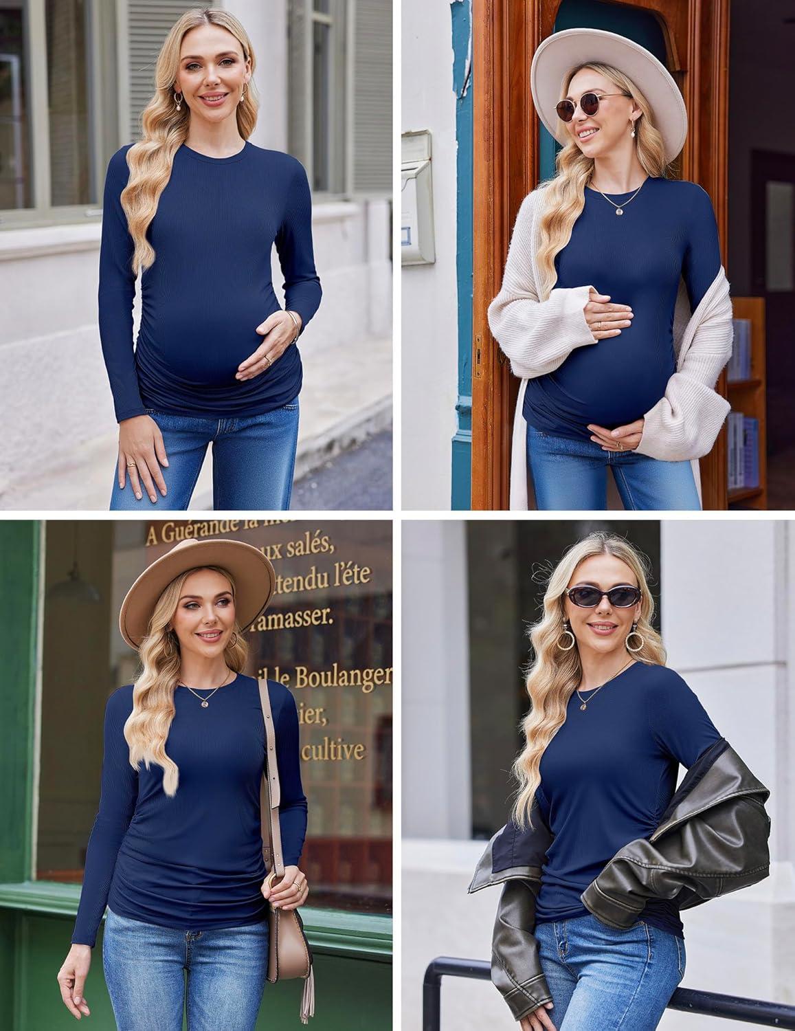 imageEkouaer Maternity Long Sleeve Shirt 3Packs Round Neck Pregnancy Tops Casual Tee Top ShirtsBlackNavyGrassgray Green