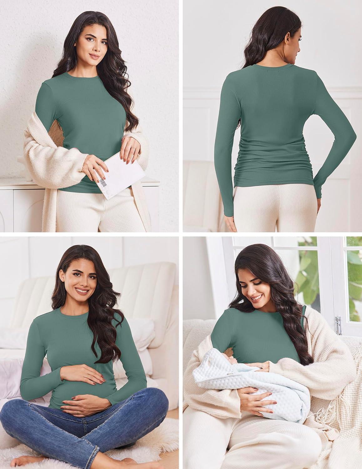 imageEkouaer Maternity Long Sleeve Shirt 3Packs Round Neck Pregnancy Tops Casual Tee Top ShirtsBlackNavyGrassgray Green