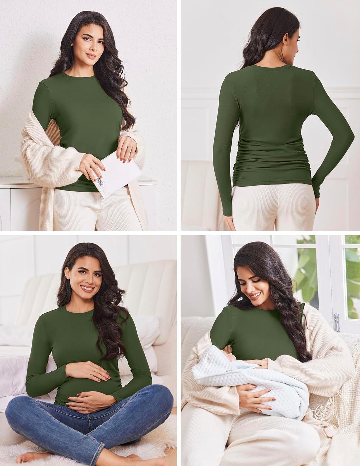 imageEkouaer Maternity Long Sleeve Shirt 3Packs Round Neck Pregnancy Tops Casual Tee Top ShirtsBlackWhiteArmy Green