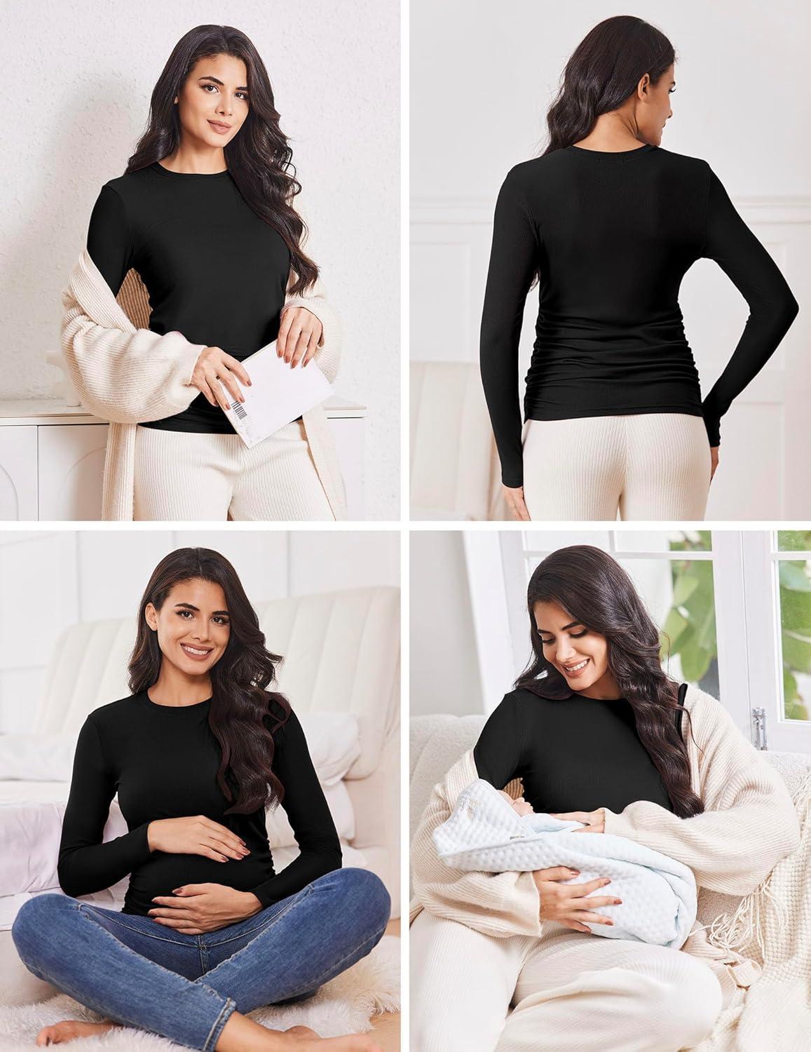 imageEkouaer Maternity Long Sleeve Shirt 3Packs Round Neck Pregnancy Tops Casual Tee Top ShirtsBlackWhiteArmy Green