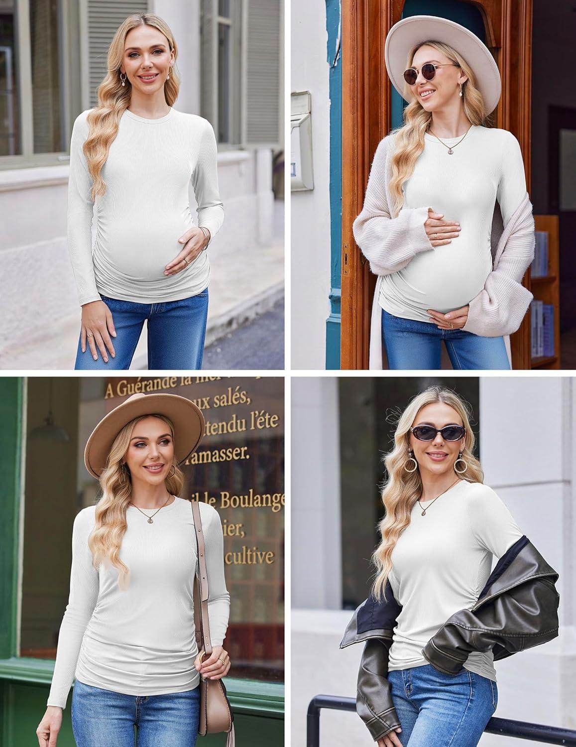 imageEkouaer Maternity Long Sleeve Shirt 3Packs Round Neck Pregnancy Tops Casual Tee Top ShirtsBlackWhiteArmy Green
