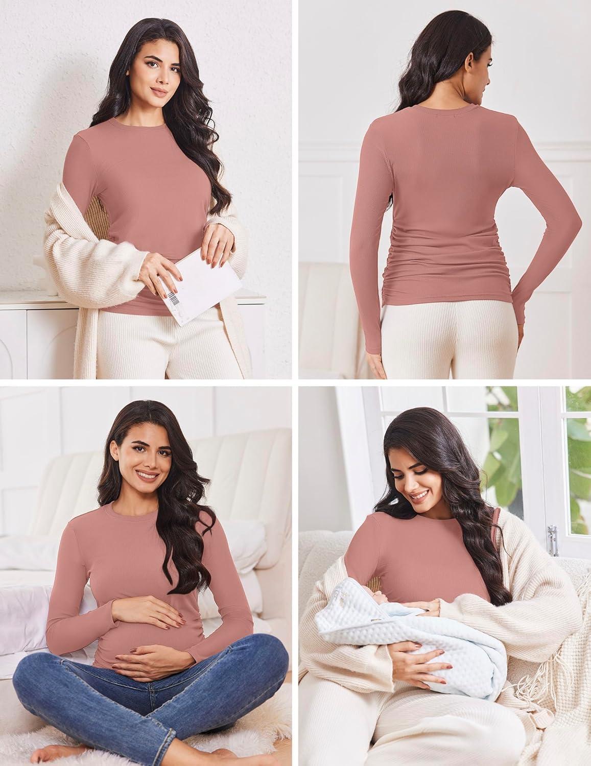 imageEkouaer Maternity Long Sleeve Shirt 3Packs Round Neck Pregnancy Tops Casual Tee Top ShirtsBlackWhiteCoupled Pink