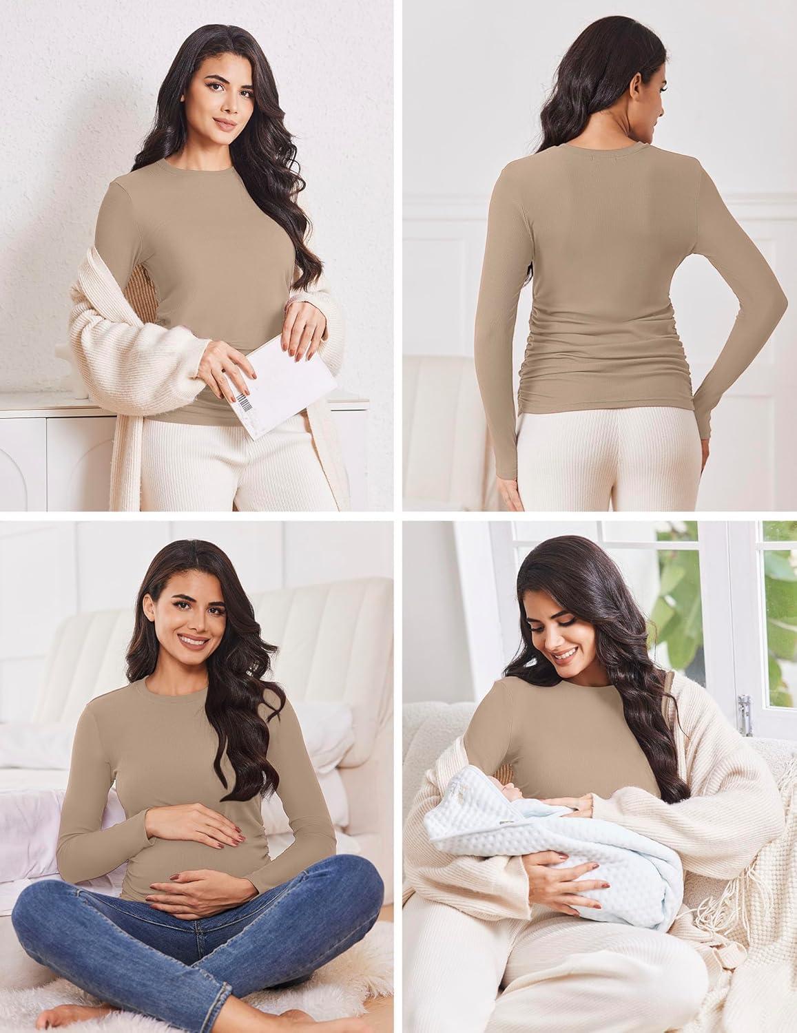 imageEkouaer Maternity Long Sleeve Shirt 3Packs Round Neck Pregnancy Tops Casual Tee Top ShirtsBlackWhiteKhaki