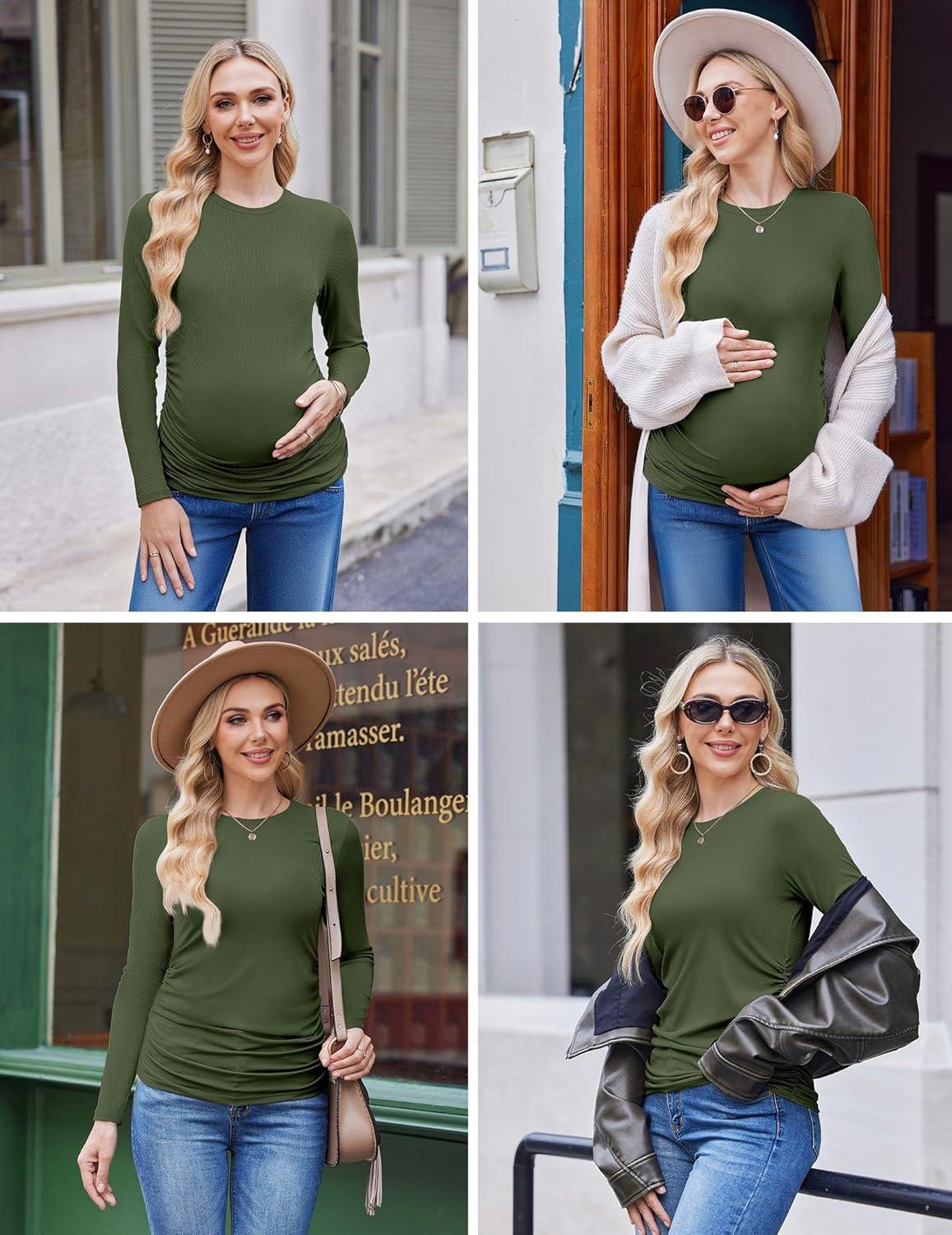 imageEkouaer Maternity Long Sleeve Shirt 3Packs Round Neck Pregnancy Tops Casual Tee Top ShirtsBlackWine RedArmy Green