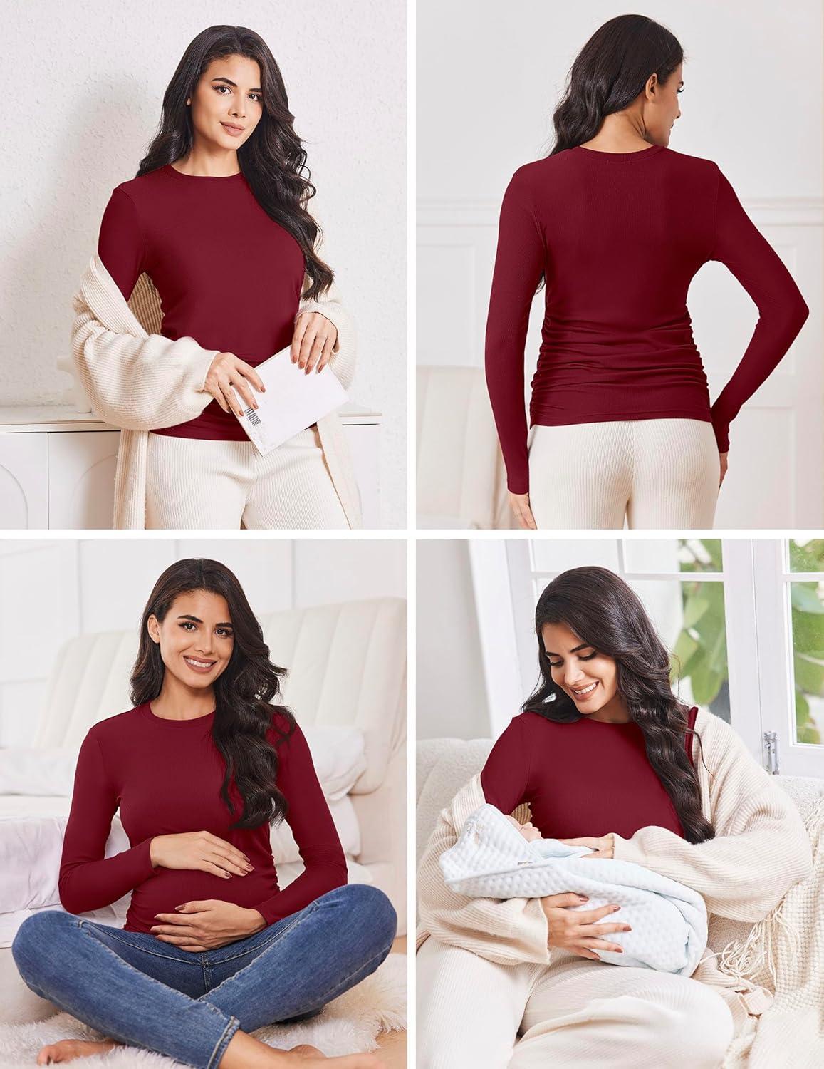 imageEkouaer Maternity Long Sleeve Shirt 3Packs Round Neck Pregnancy Tops Casual Tee Top ShirtsBlackWine RedArmy Green