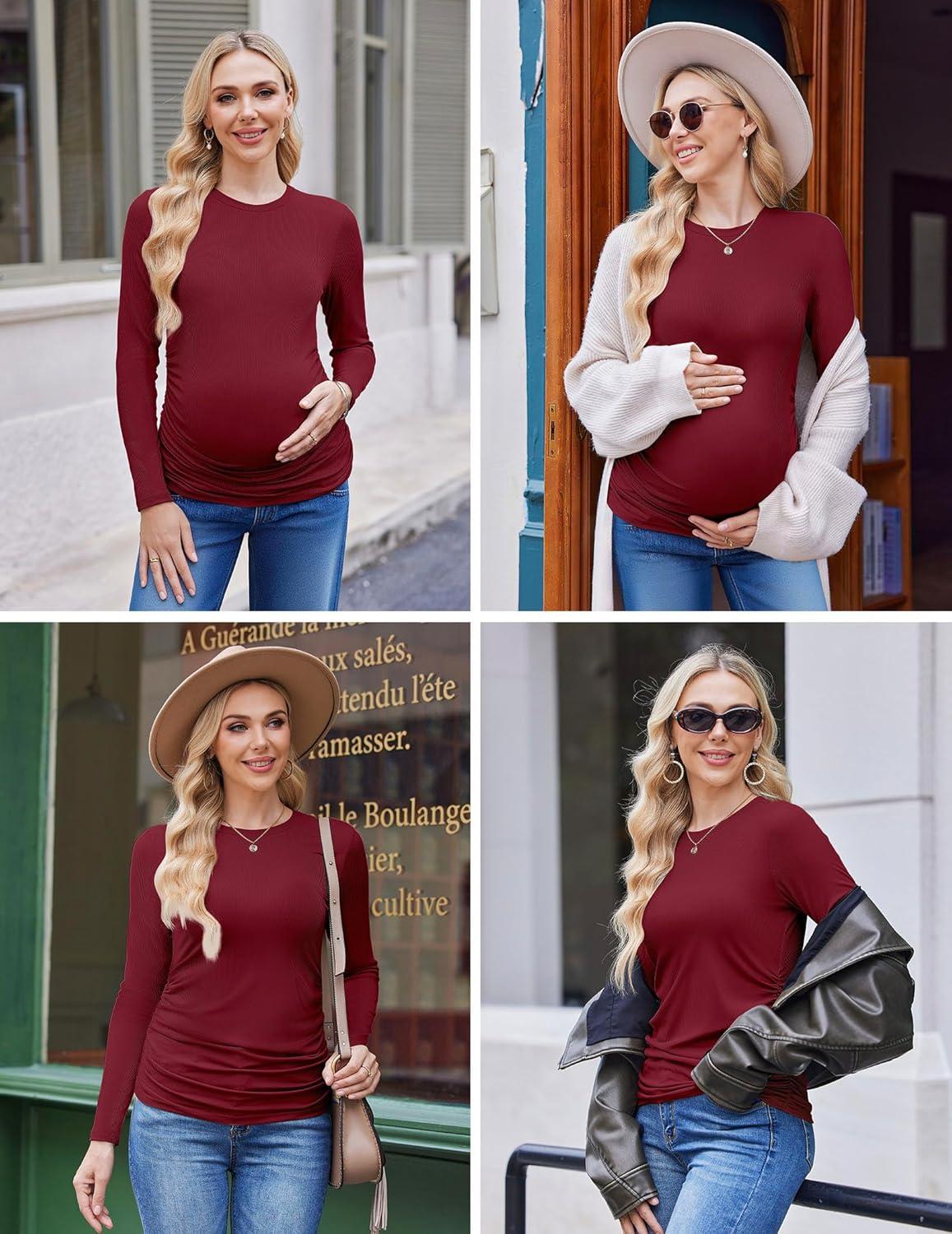 imageEkouaer Maternity Long Sleeve Shirt 3Packs Round Neck Pregnancy Tops Casual Tee Top ShirtsCaramelWine RedDgrey Textile