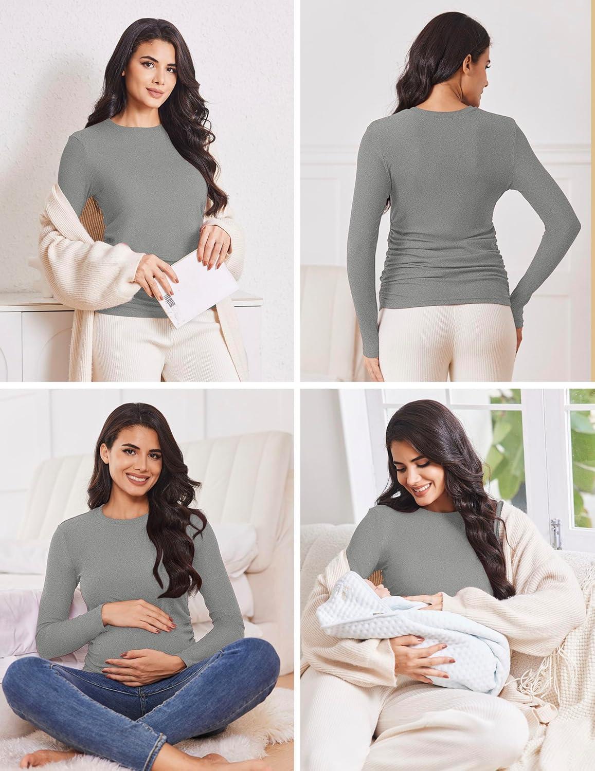 imageEkouaer Maternity Long Sleeve Shirt 3Packs Round Neck Pregnancy Tops Casual Tee Top ShirtsCaramelWine RedDgrey Textile