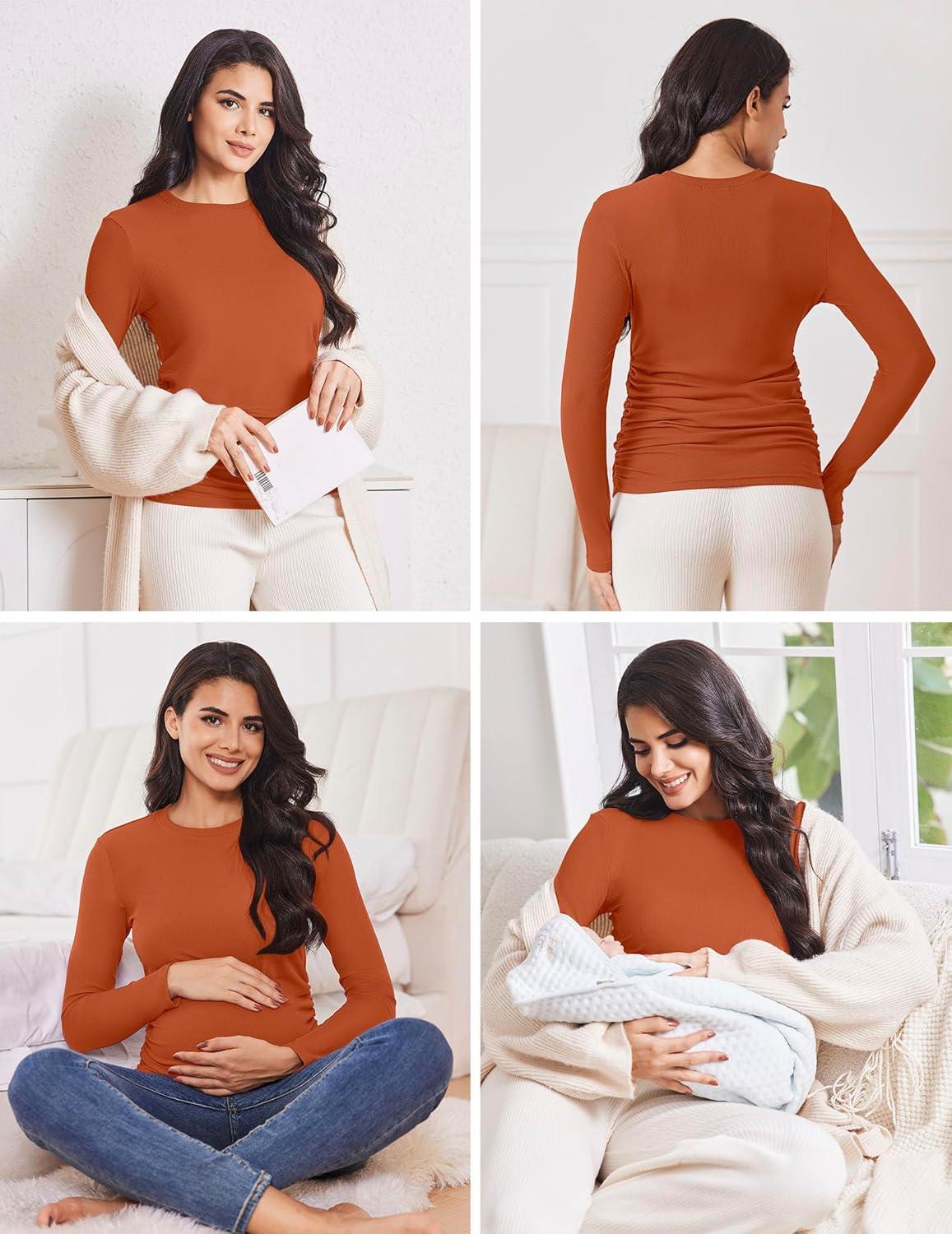imageEkouaer Maternity Long Sleeve Shirt 3Packs Round Neck Pregnancy Tops Casual Tee Top ShirtsCaramelWine RedDgrey Textile
