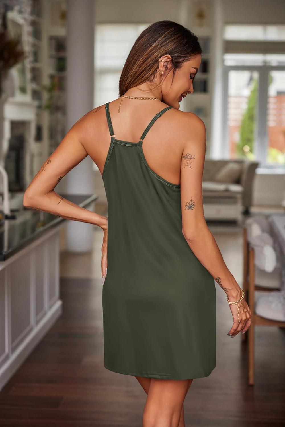 imageEkouaer Nightgowns for Women Cotton Sleepwear Sexy Sleep Shirt Adjustable Spaghetti Strap Night Gowns with Pockets S3XLArmy Green