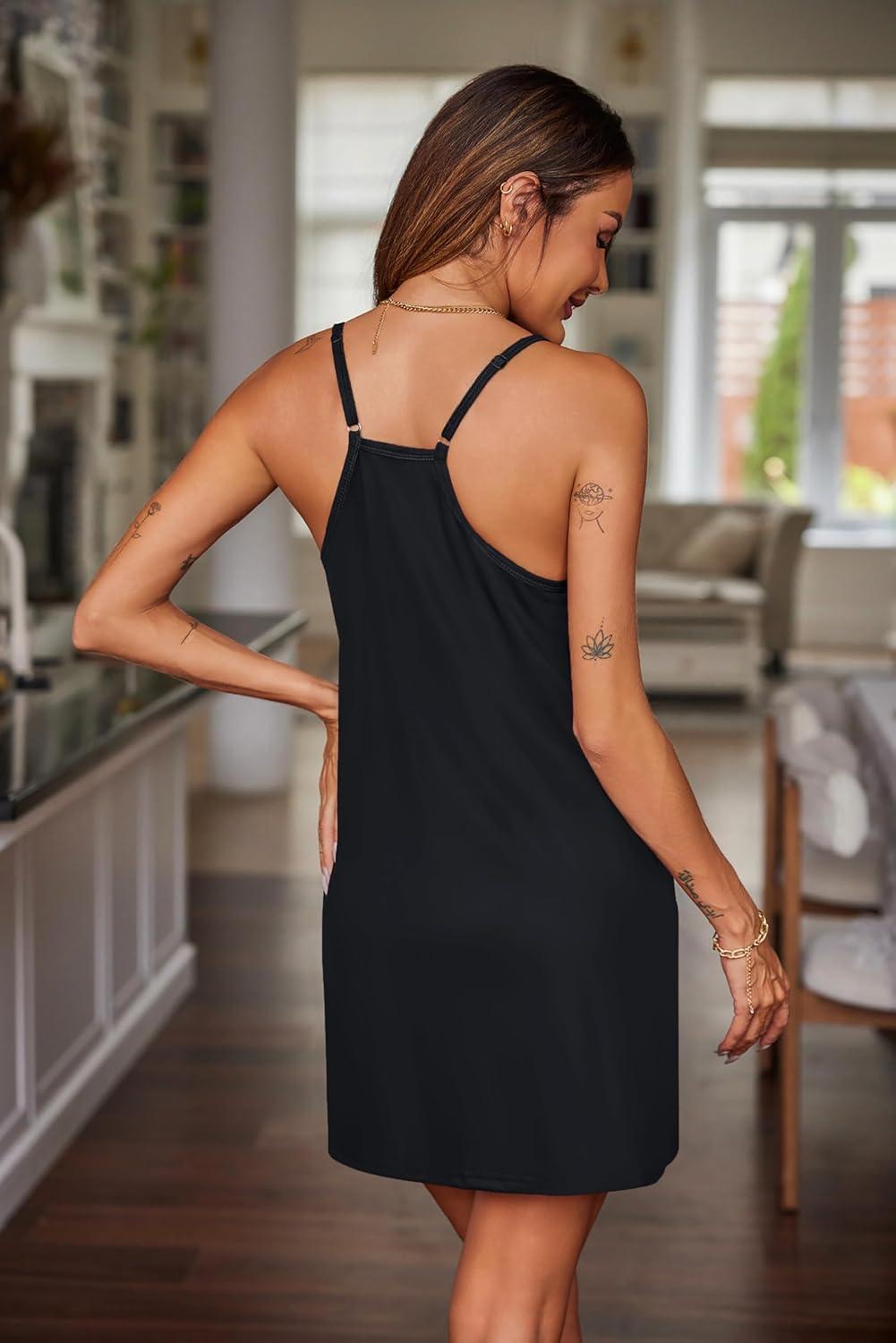 imageEkouaer Nightgowns for Women Cotton Sleepwear Sexy Sleep Shirt Adjustable Spaghetti Strap Night Gowns with Pockets S3XLBlack