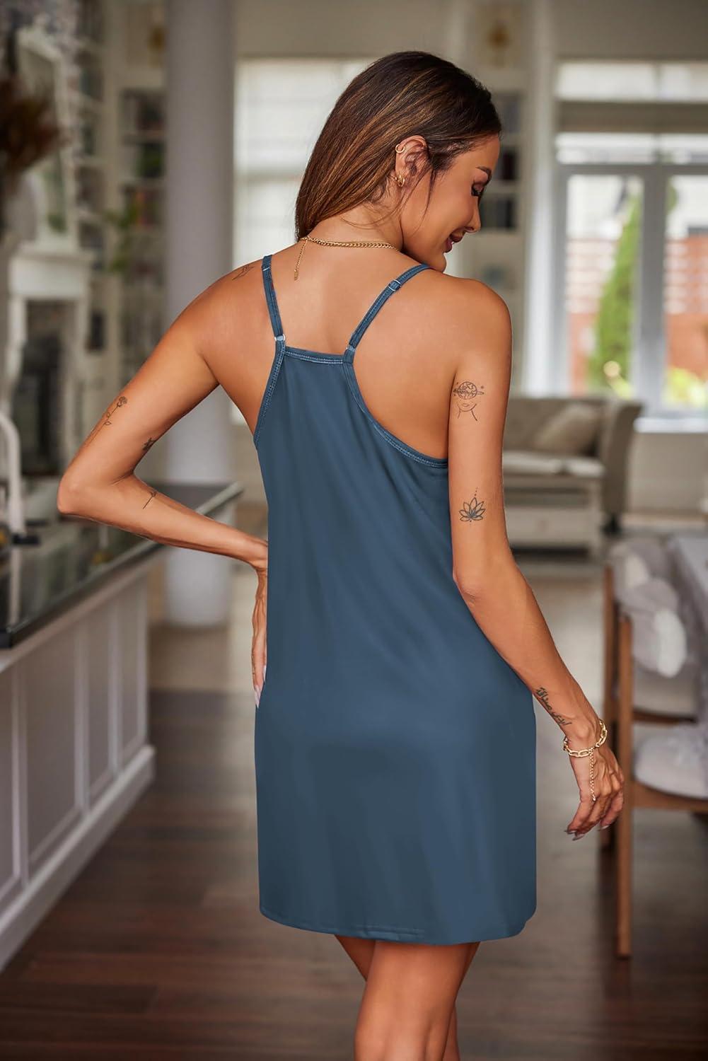 imageEkouaer Nightgowns for Women Cotton Sleepwear Sexy Sleep Shirt Adjustable Spaghetti Strap Night Gowns with Pockets S3XLBlue Green