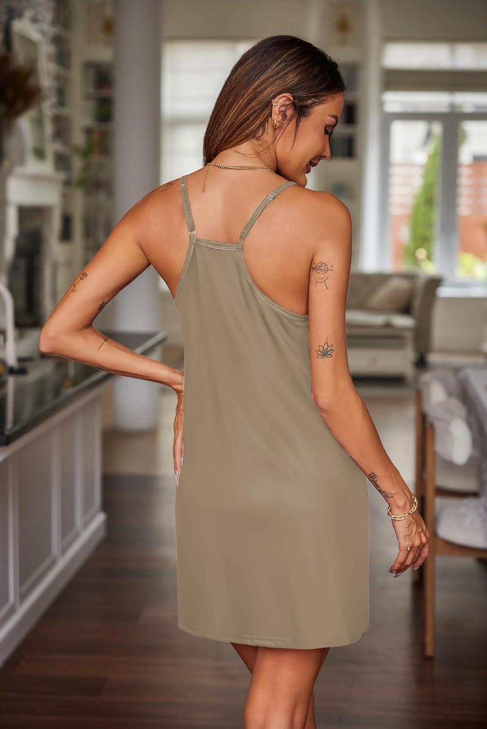 imageEkouaer Nightgowns for Women Cotton Sleepwear Sexy Sleep Shirt Adjustable Spaghetti Strap Night Gowns with Pockets S3XLCamel