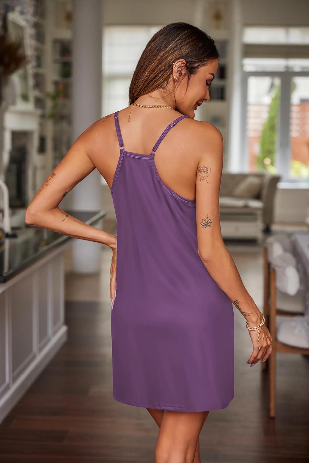 imageEkouaer Nightgowns for Women Cotton Sleepwear Sexy Sleep Shirt Adjustable Spaghetti Strap Night Gowns with Pockets S3XLEggplant Purple