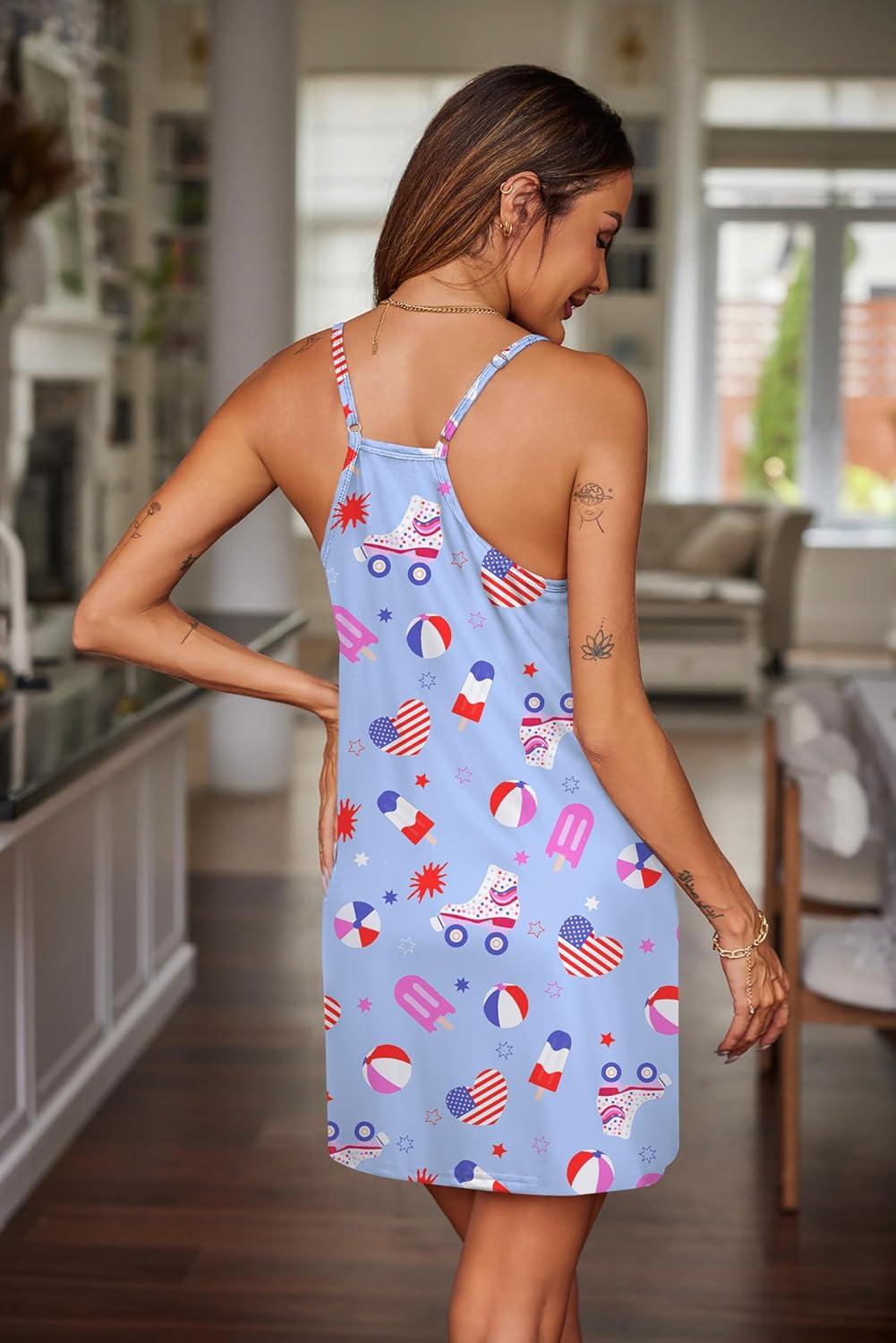 imageEkouaer Nightgowns for Women Cotton Sleepwear Sexy Sleep Shirt Adjustable Spaghetti Strap Night Gowns with Pockets S3XLFlag