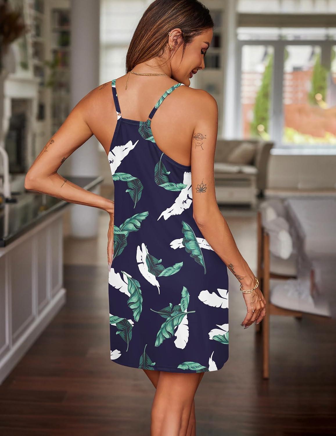 imageEkouaer Nightgowns for Women Cotton Sleepwear Sexy Sleep Shirt Adjustable Spaghetti Strap Night Gowns with Pockets S3XLGreen Blue Leaf